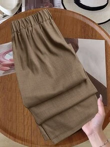 SHEIN Tall 大尺碼女款對比腰部直筒長褲 - 棕色 - 查看 2