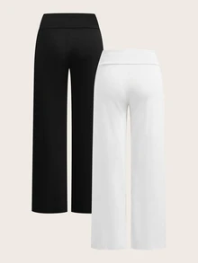 SHEIN EZwear 95%棉 2件組女款休閒低腰直筒褲，女款休閒套裝，瑜伽褲，女款秋季服飾，冬季服飾，2026秋冬，休閒，Y2K，女款通勤套裝，基本款，牛仔女郎，復古，返校，外出，學校，2000年代服飾 - 彩色 - 查看 2