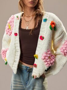 SoleilVie Women's Sweet Delicate 3D Embroidered Knit Cardigan - Beige - View 1