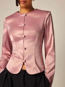 COSMINA Women's Pink Satin Shirt Jacket, Button Front Blouse Top - Pink - View 5