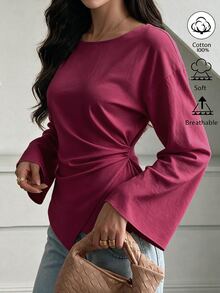 Elenzga Off White Boat Neck Ruched Waist Irregular Hem Cotton Blouse, French Casual Top For Office, Dating & Autumn Daily Outfit - Burgundy - View 4