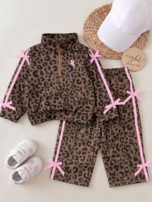 SHEIN Baby Girl Leopard Print Bow Decor Sweatshirt & Elastic Waist Long Pants Set - Brown - View 4