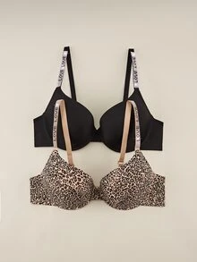 Bralution 2pcs Leopard Print Underwire Push-Up Bra With Rhinestone Straps, Sexy Elegant Supportive Comfortable Daily Plus Size Bra & Wireless Bra - Multicolor - View 1