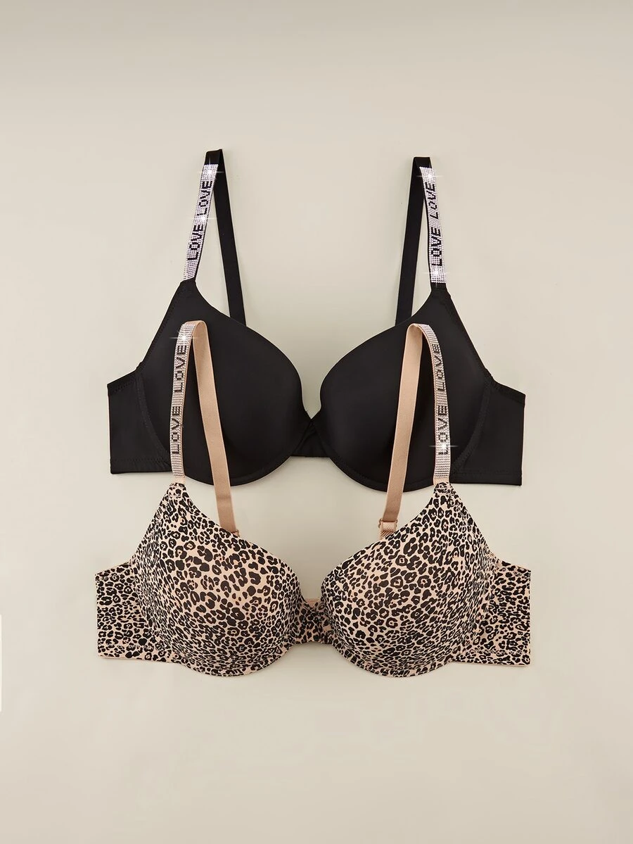 Bralution 2pcs Leopard Print Underwire Push-Up Bra With Rhinestone Straps, Sexy Elegant Supportive Comfortable Daily Plus Size Bra & Wireless Bra - Multicolor - View 1