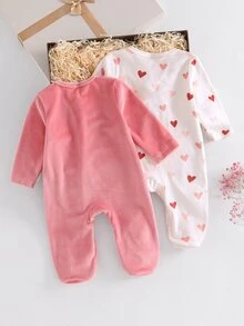 2pcs Newborn Soft Cozy Silver Fox Fleece Heart Print Pink Heart Embroidered Long Sleeve Button-Up Footed Rompers - Multicolor - View 2
