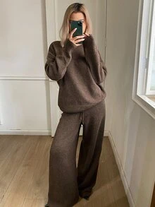 DAZY Women's Casual Loose Knit Sweater 2 Pieces Set - Brown - View 3
