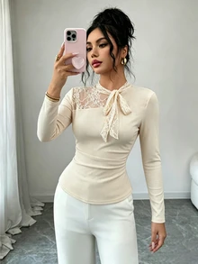 SHEIN Lace Patchwork Ribbon Bow Asymmetrical Neckline Cinched Waist Long Sleeve T-Shirt - White - View 4