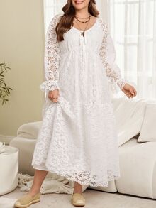 EMERY ROSE Plus Size Solid White Lace Patchwork V-Neck Long Sleeve Bow Front Ruffle Party Dress Fall Winter 2026 - White - View 9