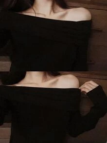 DAZY 女款純色露肩修身黑色短袖T恤 春夏季 - 黑色 - 查看 5