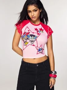 THE POWERPUFF GIRLS X SHEIN Kaos Wanita Kasual Leher Bulat dengan Trim Rumbai dan Lengan Raglan - Merah - View 5