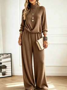 Holdful Holdful Women's Solid Color Long Sleeve Top And Pants Casual Daily 2 Pieces Set - Brown - View 1