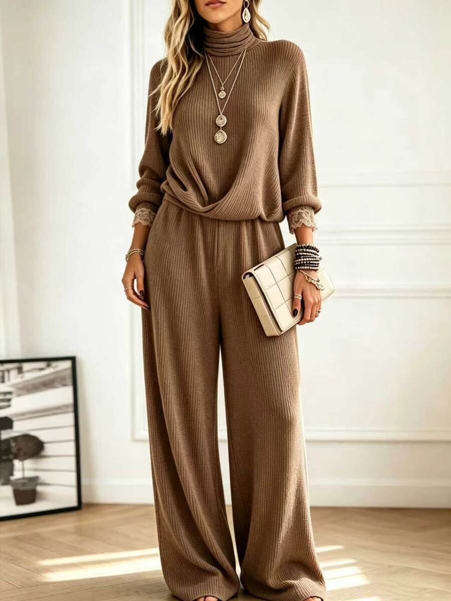 Holdful Holdful Women's Solid Color Long Sleeve Top And Pants Casual Daily 2 Pieces Set - Brown - View 1