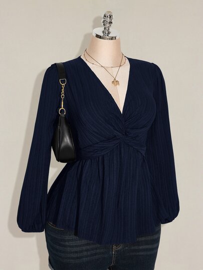 SHEIN ICON Women's Plus Size Black Textured Knot Front Lantern Sleeve Top