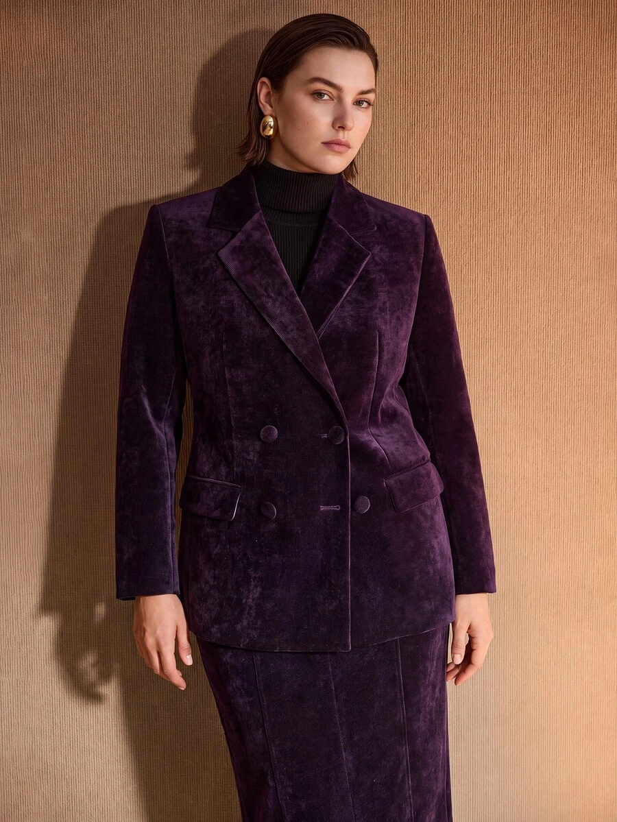 MOTF PREMIUM WOMEN'S PLUS SIZE AUTUMN/WINTER NOTCH LAPEL DOUBLE-BREASTED BLAZER - Purple - View 1