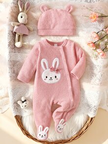 SHEIN 2件組新生女嬰連腳連身衣與帽子套裝，可愛甜美粉色兔子刺繡蝴蝶結針織熊長袖加厚秋冬毛衣連身褲 - 粉色 - 查看 3