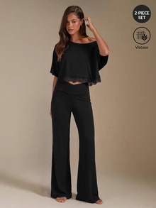 Athîral 女款蕾絲拼接上衣與長褲休閒日常居家服套裝 - 黑色 - 查看 3