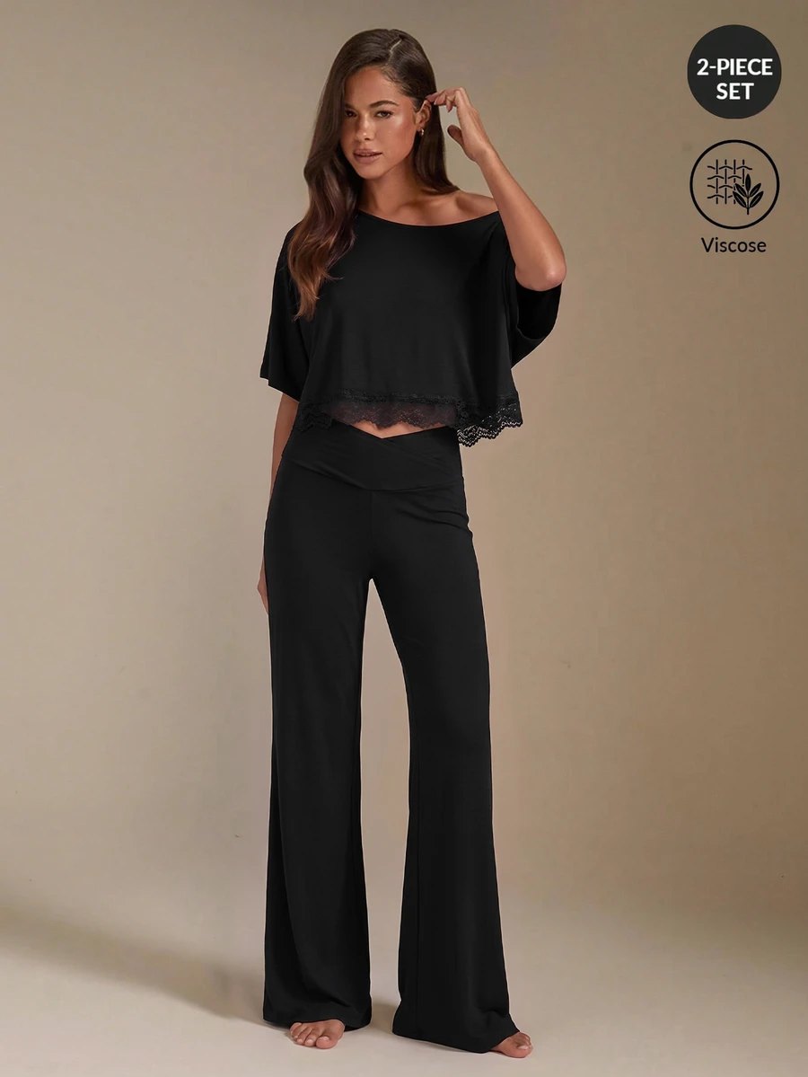 Athîral Women's Lace Patchwork Top And Long Pants Casual Daily Homewear Set - Black - View 1