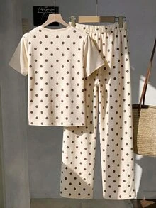 Comfortcana 2pcs/Set Casual Plus Size Women's Polka Dot Pattern Apricot T-Shirt & Pants, Suitable For Summer - Multicolor - View 2