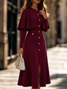 SHEIN Women's Elegant Button Shawl Collar Long Sleeve Dress - Burgundy - View 6