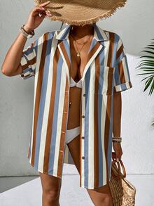 Swim Lushoire Women Solid Short Sleeve Kimono Beach Cover Up, Summer Loose Beach Shirt - Brown - View 1