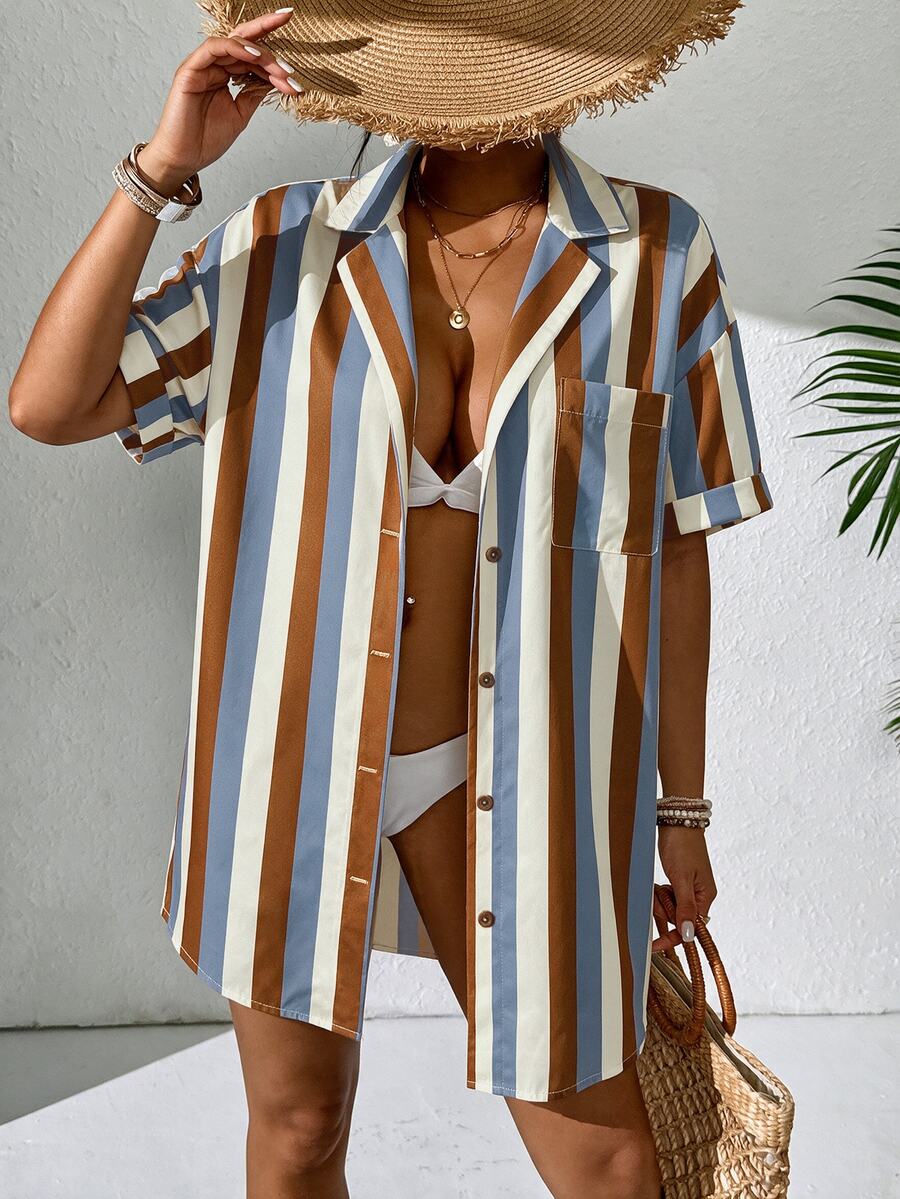 Swim Lushoire Women Solid Short Sleeve Kimono Beach Cover Up, Summer Loose Beach Shirt - Brown - View 1