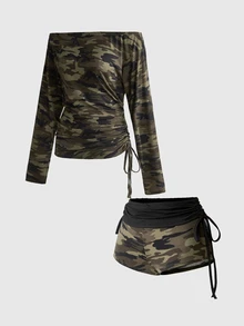 ROMWE J-Fashion Y2K Sexy Hot Girl Striped Batwing Sleeve Ruched Drawstring Off-Shoulder Women's Set - Army Green - View 12