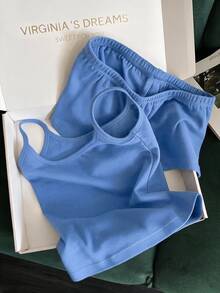 Franclia Women's Casual Vacation Solid Color Camisole Top And Shorts 2 Pieces Set - Light Wash - View 5
