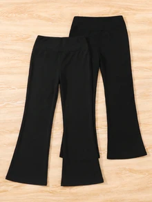 SHEIN 青少年女孩秋冬休閒百搭多功能抓絨內裡加厚羅紋喇叭褲，高領蝴蝶結設計，2件套 - 黑色 - 查看 3