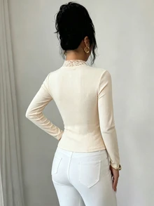SHEIN Lace Patchwork Ribbon Bow Asymmetrical Neckline Cinched Waist Long Sleeve T-Shirt - White - View 2