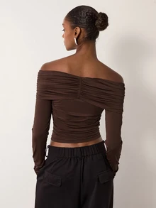 MERLEAU Women's Dark Brown Slim-Fit Solid Ruched Shoulder Long Sleeve Top, Autumn Modern Sexy Style For Night Out, Going Out And Date Nights,Tops - Brown - View 2