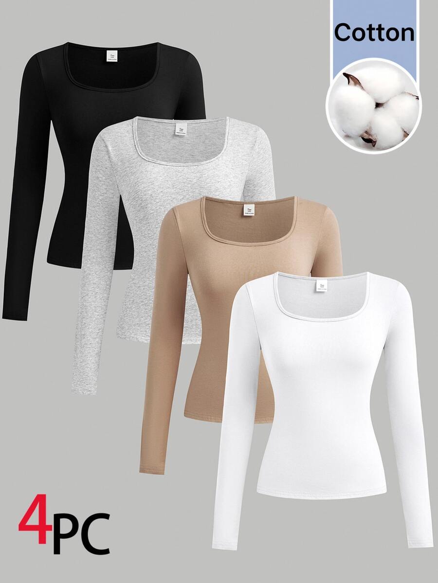 SHEIN Girlism Set 4 Potong Kaos Remaja Perempuan, Warna Polos, Kasual, Serbaguna, Kerah Persegi, Lengan Panjang, Cocok untuk Dipakai di Musim Semi, Gugur, dan Musim Dingin - MultiWarna - View 1