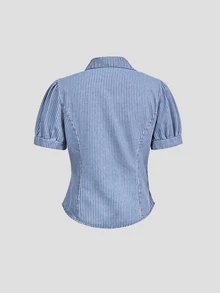 Sweetra French Style Elegant Polo Collar Striped V-Neck Short Sleeve Slim Fit Women's Washed Denim Shirt - Blue - View 2