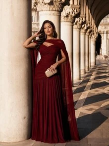 SHEIN Lady Đầm nữ size lớn màu trơn thiết kế bất đối xứng xếp ly thanh lịch cho Giáng Sinh - Đỏ - Xem 9