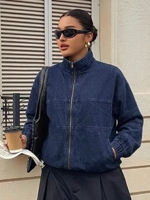 Dazy Plus Áo khoác denim nữ size lớn phong cách đường phố, màu xanh đậm giặt kiểu vintage, dáng rộng, cổ mở, tay dài, khóa kéo phía trước - Rửa tối - Xem 4