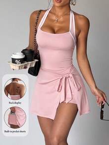 Dewbera Dewbera Spring/Summer Women's Sports Dress, Colorblock Halter Neck, Back Cutout, Front Tie, Built-In Shorts, Pockets, Dusty Pink, Athletic, Tennis - Pink - View 1