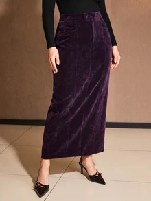 MOTF PREMIUM PLUS SIZE WOMEN'S AUTUMN/WINTER VELVET SOLID COLOR LONG STRAIGHT SKIRT - Purple - View 5