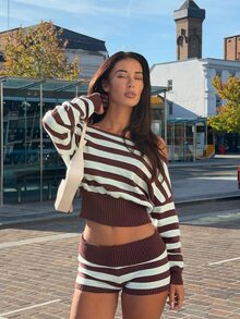 Opulessa Women's Striped Off-Shoulder Long Sleeve Cropped Sweater And Knitted Shorts Set - Multicolor - View 3