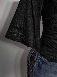 SHEIN ICON Women's Halloween Black Lace Wrap Flutter Sleeve Deep V Neck Sexy Black Gothic French Lace Patchwork Sheer Top For Date - Black - View 6