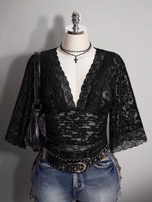 SHEIN ICON Women's Halloween Black Lace Wrap Flutter Sleeve Deep V Neck Sexy Black Gothic French Lace Patchwork Sheer Top For Date - Black - View 11
