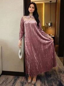 Yasmyna Women's Rhinestone Embellished Mesh Patchwork Casual Party Arabian Dress - Pink - View 3