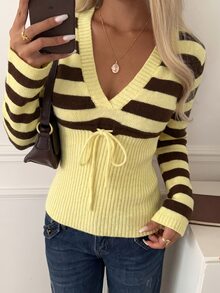 CovetEZ 女款休閒舒適V領淺黃色與咖啡棕對比色長袖針織衫 - 彩色 - 查看 6