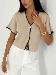 Aloruh Women's Metal Button Shell Embroidery Knit Thin Cardigan - Khaki - View 3