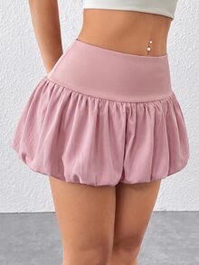 SHEIN PETITE 女款純色高腰荷葉邊迷你裙 - 粉色 - 查看 7