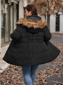 Reflora Plus Size Winter Fur Collar Hooded Warm Jacket - Black - View 2
