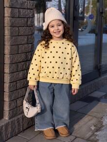 Elladie kids 女童休閒圓領長袖波點印花衛衣上衣，秋冬款，適合日常穿著、返校、外出 - 黃色 - 查看 1