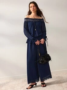 Willow Rêve Women's Navy Blue Wide Leg Jumpsuit, Floral Lace Trim Craftsmanship, Cold Shoulder, Front Button, Ruffle & Cinched Waist Design, Summer Western Romantic Style, Suitable For Party Wear - Blue - View 3