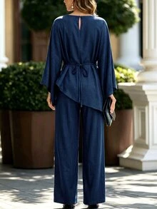 SHEIN Holidaya Women's Elegant Pleated Design Batwing Sleeve Blouse And Pants Set - Blue - View 2