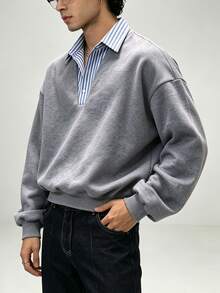 TONEVAULT Men's Striped Patchwork Button Half-Placket Long Sleeve Sweatshirt - Grey - View 5