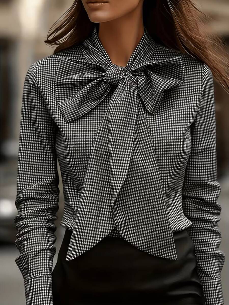 Balvessa Women's Autumn/Winter Plaid Bowknot Long Sleeve Blouse - Black and White - View 1
