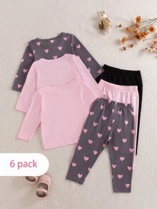 SHEIN 6件組 多彩女嬰甜美愛心字母印花圓領長袖緊身褲套裝 秋季 - 彩色 - 查看 2